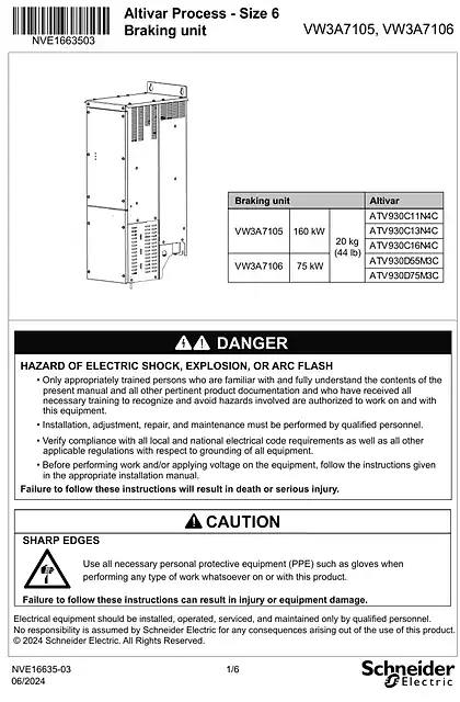 schneider施耐德Instruction sheet - ATV Process Size6 Braking Unit_ VW3A7105_ VW3A7106